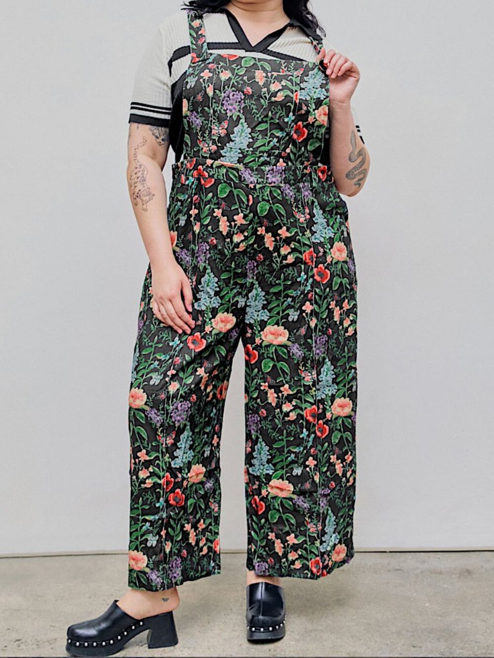 Cider Black Floral Print Lightweight Corduroy Wide Leg Cropped Overalls 1XL